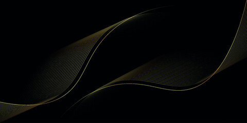 Dark abstract background with glowing golden waves. Shiny moving golden lines design element. Vector illustration Eps. 3