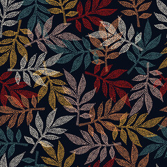 Wall Mural - Autumn leaves seamless pattern. Leaf silhouettes with dotted textures. Vector illustration