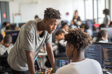 students collaborating on coding project in computer classroom