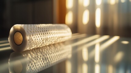Rolled mesh fabric reflecting light on a glossy surface under warm and soft sunlight