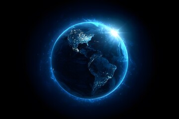  A blue Earth with the sun in its center, dark background, planet Earth with glowing lights