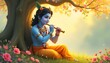 © Hardikbhai bhamani - Lord Krishna playing flute under a tree in Vrindavan, soft divine glow, artistic style
