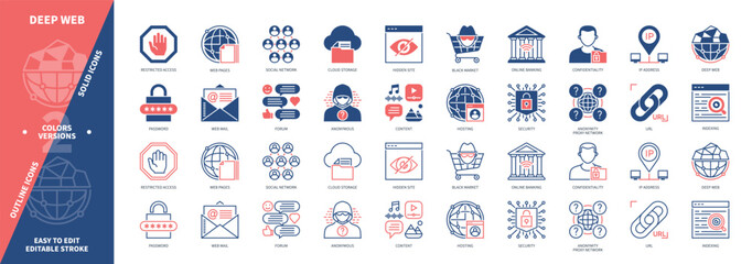 Deep Web icon set. Hidden Site, Black Market, Security, Anonymous, Banking, Indexing, URL, Web Mail. Duotone color solid and editable outline icons