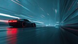 Futuristic sports car zipping through a vibrant, motion-blurred urban tunnel
