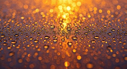 Golden light reflecting on water droplets creating a bokeh effect on a dark surface view from above
