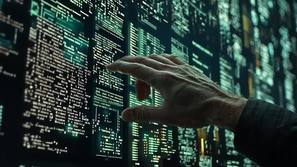 Software engineer examines computer code with interactive display for cybersecurity innovation data analysis software development programming technology digital solution system concept.