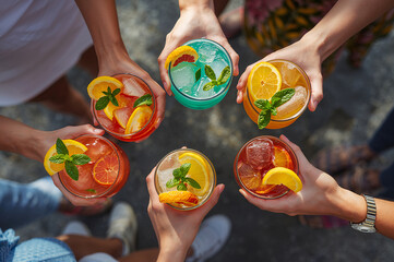 Colorful Refreshing Summer Cocktails Raised Together in a Fun Outdoor Toast With Citrus Garnishes