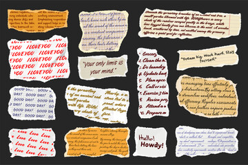 Wall Mural - Ripped paper strips with handwritten text. Realistic crumpled paper scraps with torn edges. Shreds of notebook, book or old newspaper pages. Trendy collage elements. Vector illustration
