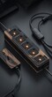 © sangnging - Dark wood power strip with glowing outlets, and a smaller device, sits on a dark surface