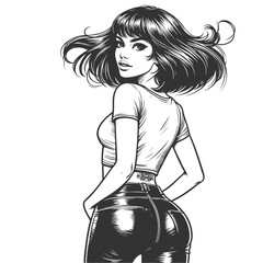 Wall Mural - young woman in a crop top and tight jeans, turning with attitude and glamour sketch engraving genera