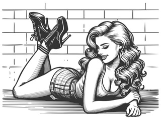 Wall Mural - glamorous woman lying on floor, wearing high heels and posing confidently against a brick wall sketc