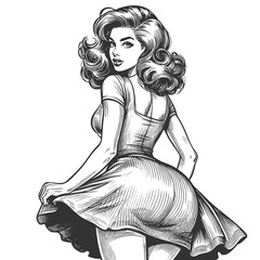 Wall Mural - glamorous woman in a flared dress turning with a playful, flirtatious expression sketch engraving ge