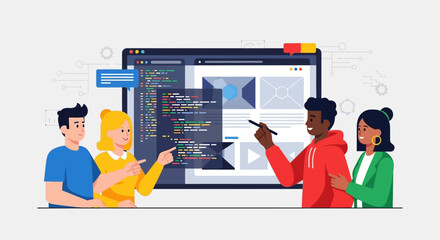 Flat Design Development Teamwork Coding and Designing Interface Illustration