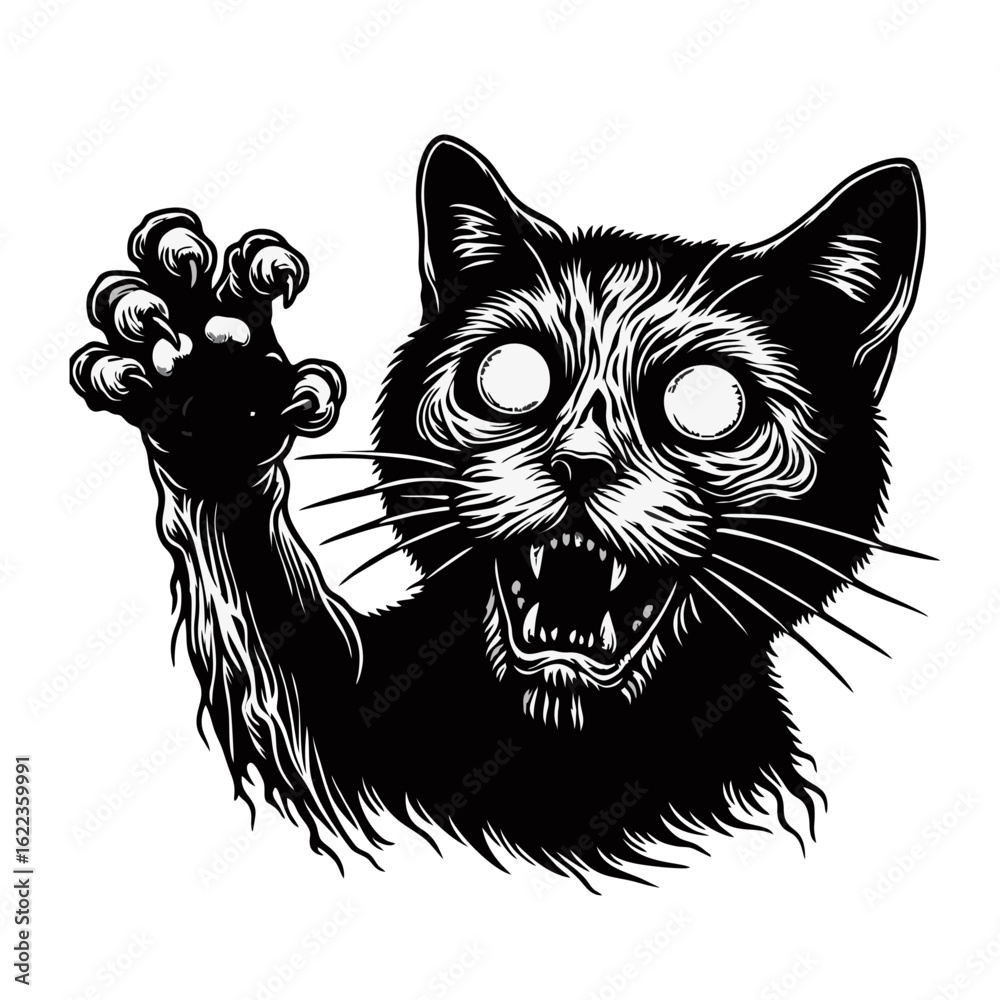A stylized, monochromatic illustration of a zombie cat with glowing ...