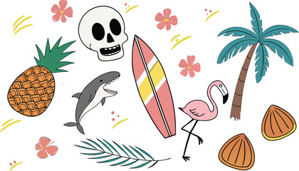 Naklejka na meble Tropical Summer Vector Illustration Set with Surf and Beach Elements