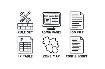 hand drawn cute doodle style line isolated on white background network firewall (tools): rule set admin panel log file IP table zone map config script