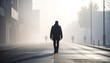 © Benti - A lone figure walks down a foggy city street, other figures barely visible in the distance