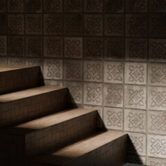Poster - Light casts intriguing shadows on clay tiles as wooden steps ascend. Textured patterns add depth to the ambiance, creating a serene atmosphere in the interior setting. 3d render