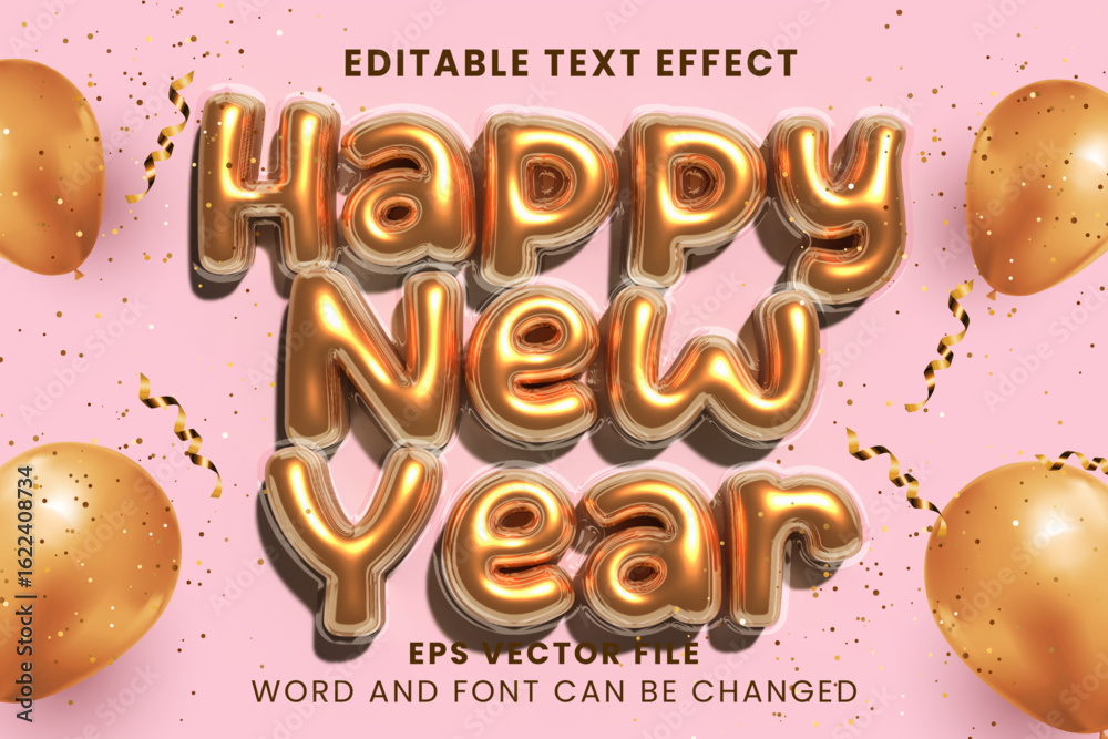 Vetor Happy new year inflated golden balloon 3d editable vector text ...