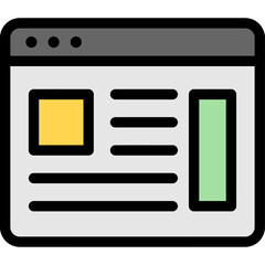 a stylized icon of a web browser window displaying a simple website layout with image, text, and sid