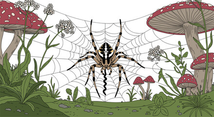 A majestic spider crafts its intricate web amongst enchanting forest fungi and verdant growth