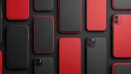 Red and black smartphones arranged on a dark surface