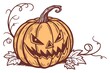 © Imagineai - Spooky jack o lantern pumpkin with vine and leaves illustration
