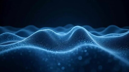 Dynamic abstract blue digital waves flowing through futuristic particle landscape.
