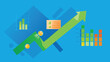 © Safia Sultana - Illustration of a green arrow pointing upwards with charts and graphs on a blue background design