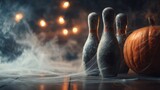 A spooky Halloween scene with three bowling pins covered in cobwebs next to a carved pumpkin. Soft lights create a mysterious atmosphere. copy space