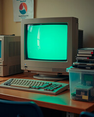 1990s computer lab desk — CRT monitor, wired keyboard