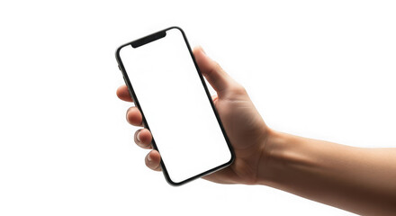 Ai generated image of hand holding a smartphone with blank screen isolated on transparent background