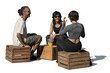 © Martin - Multinational group of people sitting on wooden boxes in a casual hipster outdoor cafe and talking, isolated on transparent and white background