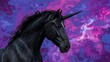 © DigitalDruid - Profile portrait of a black unicorn against a vivid abstract backdrop