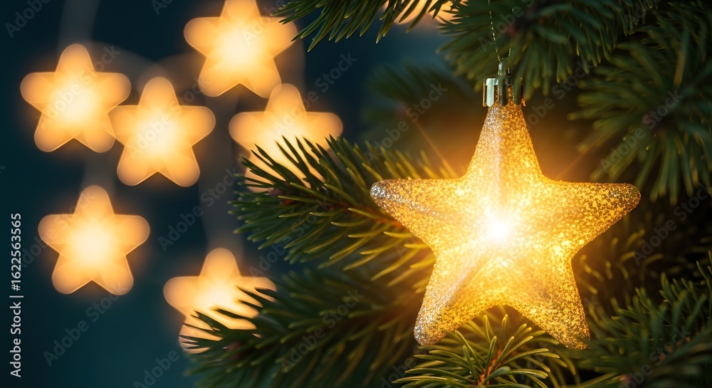 Christmas Rising Star Merry Christmas! Big Christmas star glowing on snowy pine tree in ...