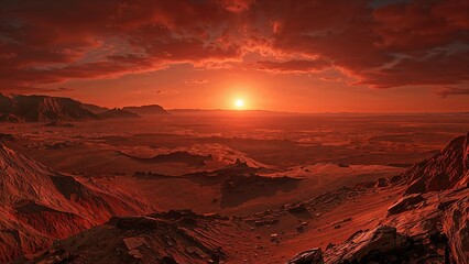 Wall Mural - Fantasy scene showcasing the surface of a red planet under sunrise and sunset skies, cosmic landscape rendering.