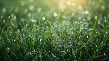 Spider webs glisten with morning dew on the fresh grass.