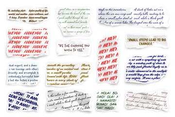 Wall Mural - Ripped paper strips with handwritten text. Realistic crumpled paper scraps with torn edges. Shreds of notebook, book or old newspaper pages. Trendy collage elements. Vector illustration