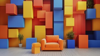 Colorful geometric architecture with blocks and orange sofa modern 3d abstract interior design concept space