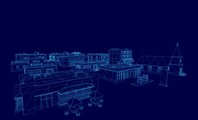Poster - A low poly 3D city model with wireframe buildings, tables, and chairs on a vibrant blue background. The geometric structures create a modern digital aesthetic.