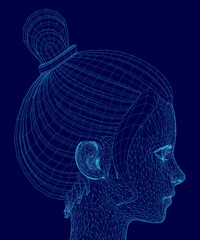 Poster - A 3D wireframe of a female anime character's head wearing a stylish hat, rendered with clean geometric lines. The blue background enhances the futuristic aesthetic.