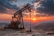 © isz - Sunset Over Oil Pump Jack on Desert Landscape with Dramatic Sky