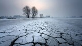 Ice is breaking apart on a frozen lake during a cold winter sunset with snow and trees in the background