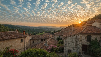 Wall Mural - summer sunset over a charming rural village