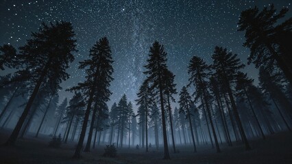 Wall Mural - pine tree forest illuminated by a starry night