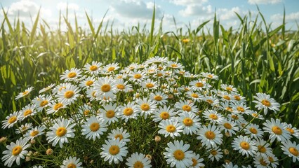 Wall Mural - Spring garden filled with blooming chamomile and delicate white daisies.
