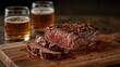 © TheWaterMeloonProjec - Sliced grilled rump steak paired with two beer glasses on a wooden board