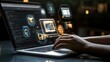 © matoya - Person typing on laptop with digital interface, modern work environment, showing digital data and tools