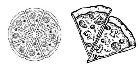 The illustration features a hand drawn pizza doodle, including outlined slices and a whole pizza, with a fast food pizza design that includes tomatoes and olives, all in a simple and modern doodle
