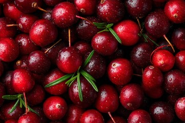 Wall Mural - Freshly picked cherries glistening with droplets of water on a dark background ready for consumption or cooking